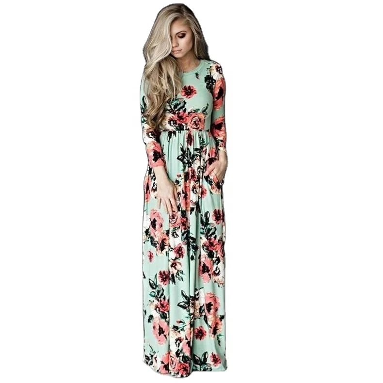 

Women Floral Long Dress New fashion long sleeve o-neck spring summer beach dress in stock Maxi female Long Dress