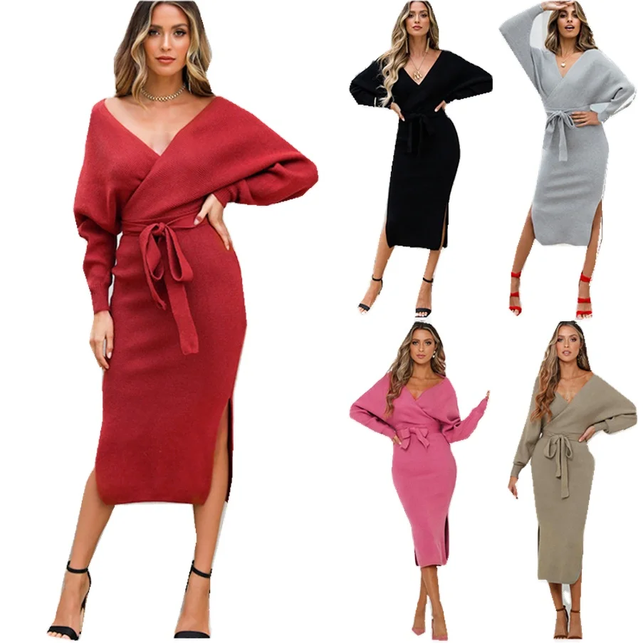 

Women's Knitted Dress Winter Sexy red Double v-neck slim Sweater Dresses batwing sleeve Fashion Party Elegant office ladies
