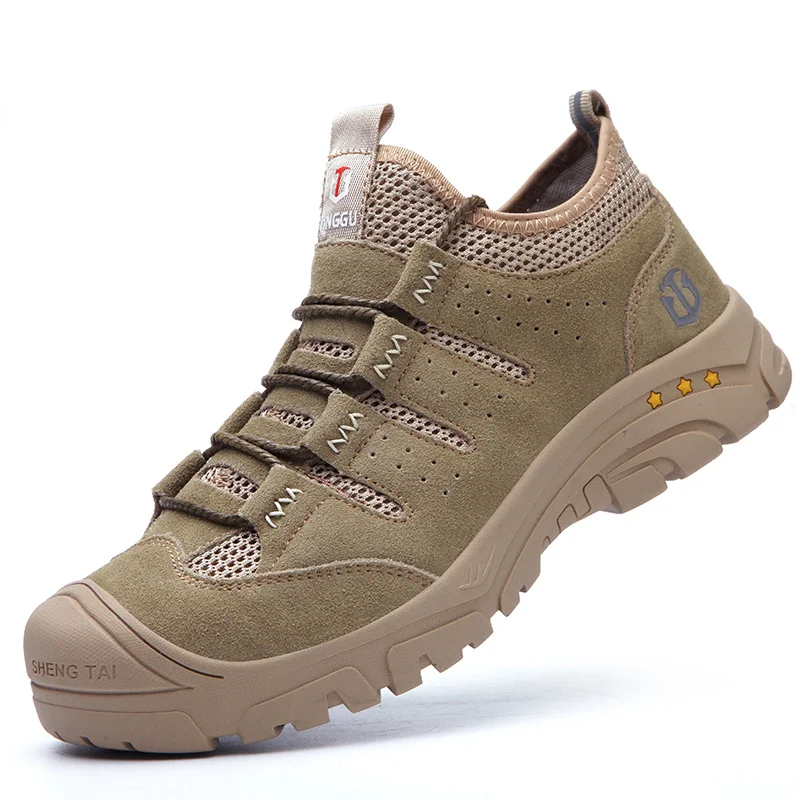 

New Design Fashion Summer Breathable Lightweight Suede Leather Anti-Puncture Anti-Smash Hiking Safety Work Shoes, Khaki,grey