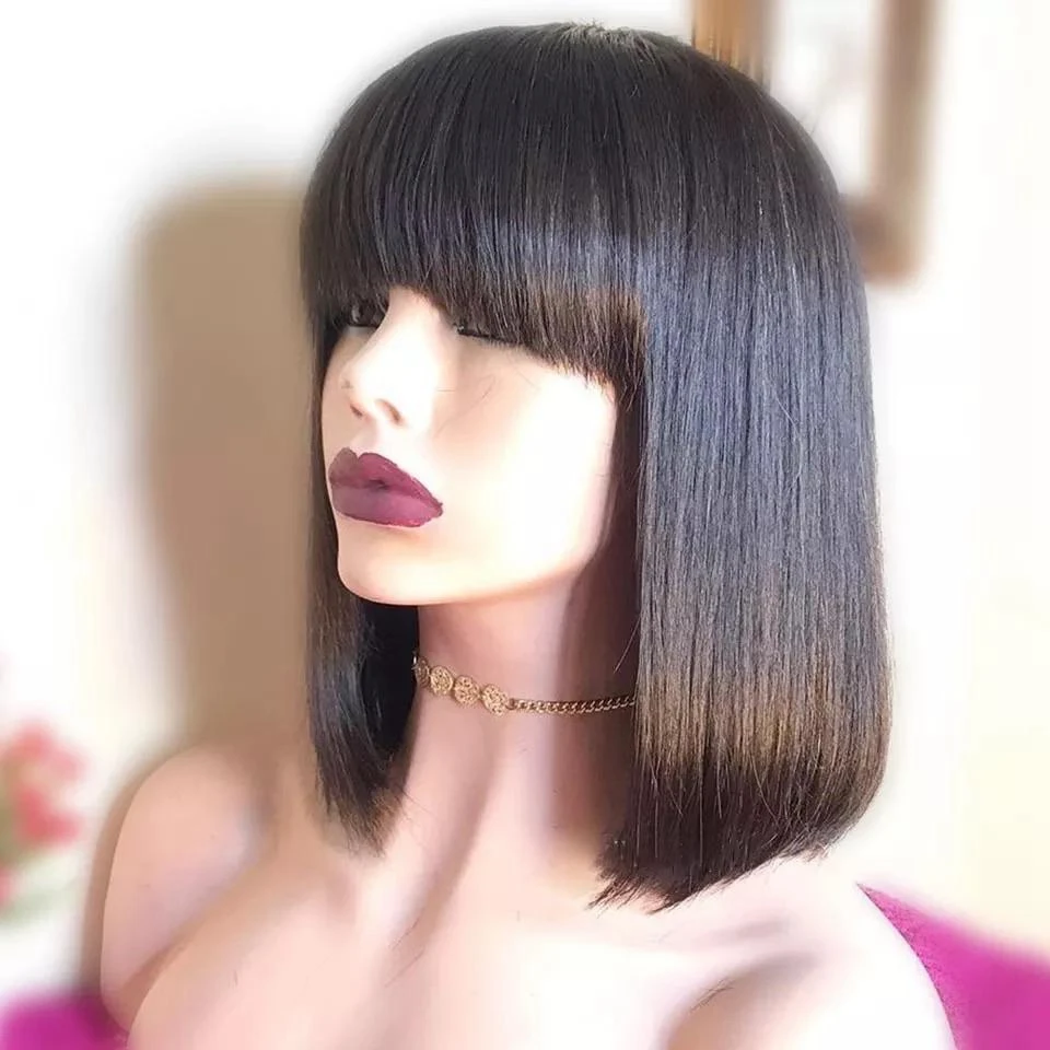 

10-14 Inch Bob Wigs With Bangs,Blonde Bob Wig Human Hair Pre-plucked With Bangs,100% Natural Black Short Bob Wig With Bangs