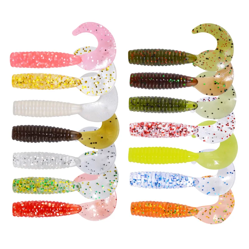 

China Curled Tail Soft Lure inStock 1.2g 45mm 12pcs/bag Coiled simulation bait Tail Soft Fishing Worm Baits, 14 colors
