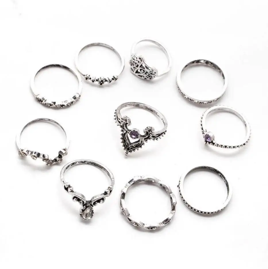 

Small Order 10Pcs/Set Western Vintage Alloy Rings Set Wish Hot Sale Knuckle Rings Set For Women Jewelry 2021 Wholesale, Silver