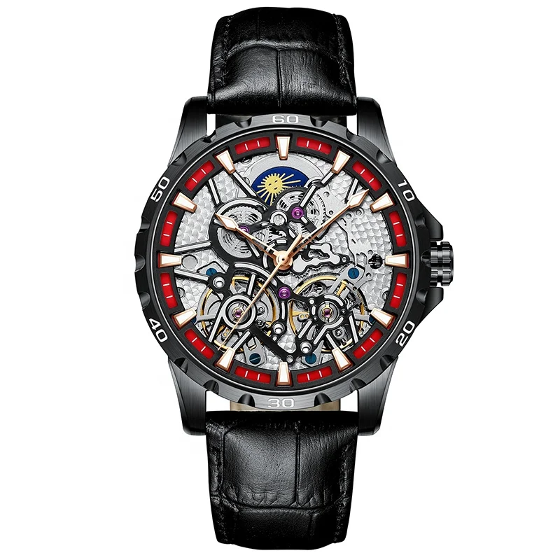 

AILANG new men's watch brand fully automatic mechanical watch hollow luminous moon phase belt men's watch