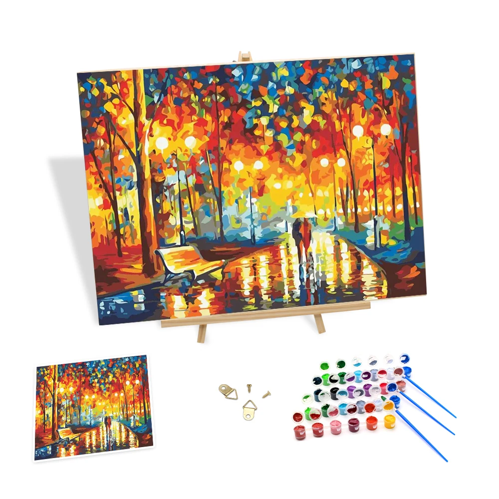 

Romantic Painting by Numbers Rainy Night Couple Under Umbrella Coloured Acrylic Paint by Number Kits Oil Painting Scenery