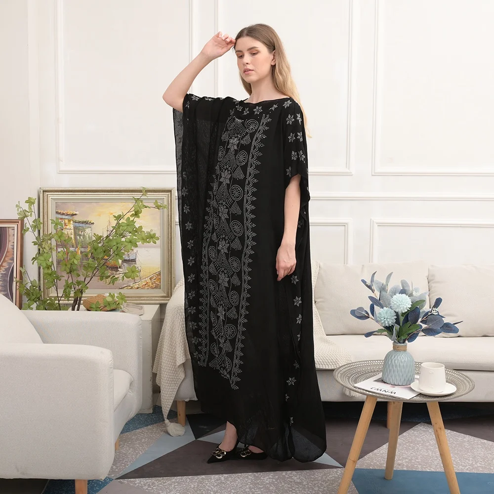 

2022 Dubai Middle Eastern Style Bat Sleeve Luxury Rhinestone Shinny Muslim Dresses Kaftan Abaya