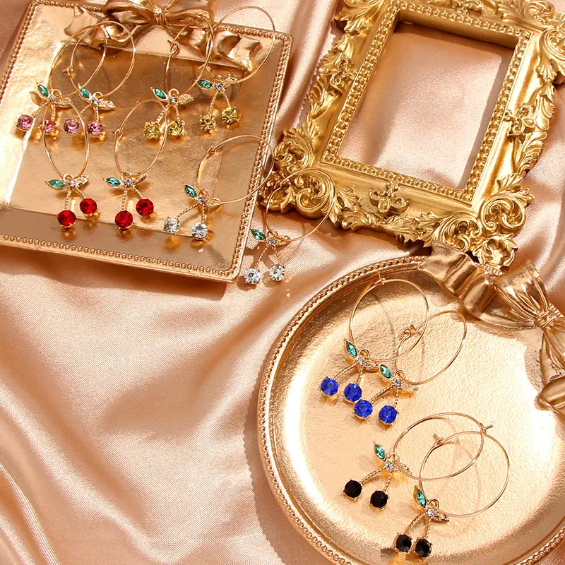 

Korea Sweet Fruit Jewelry Gift For Women Gold Silver Color Geometric Big Circle Earrings Cute Crystal Cherry Drop Earrings, 12 color