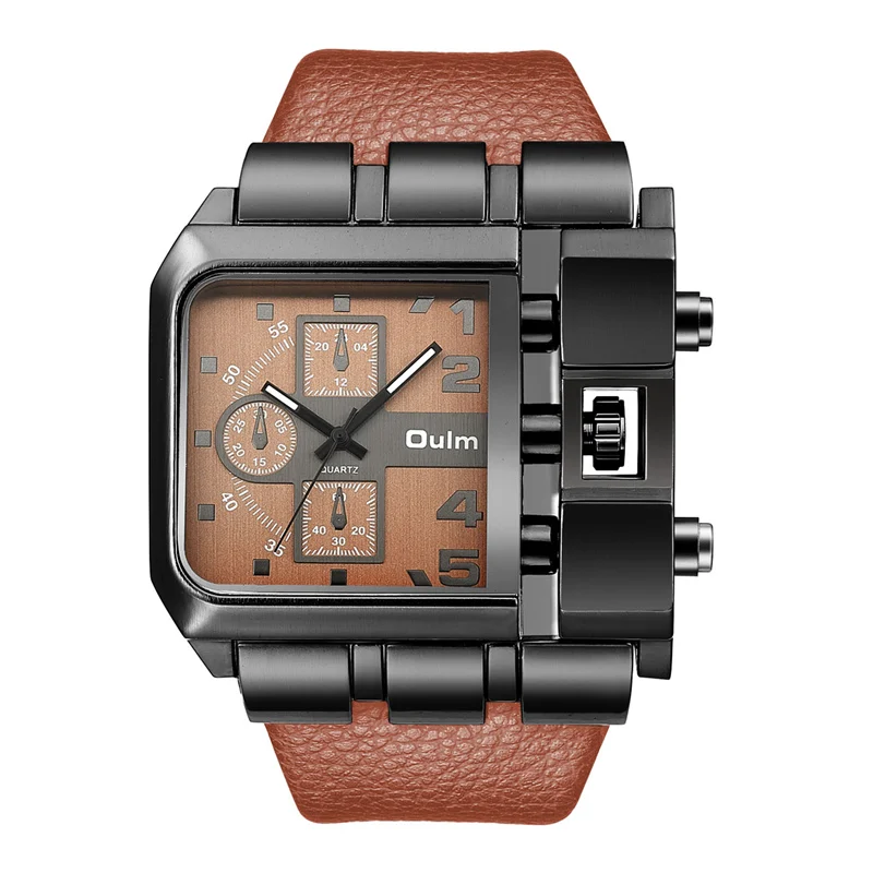 

Trending brown man quartz watch futuristic Genuine Leather Strap square Chronograph character Casual wristwatch