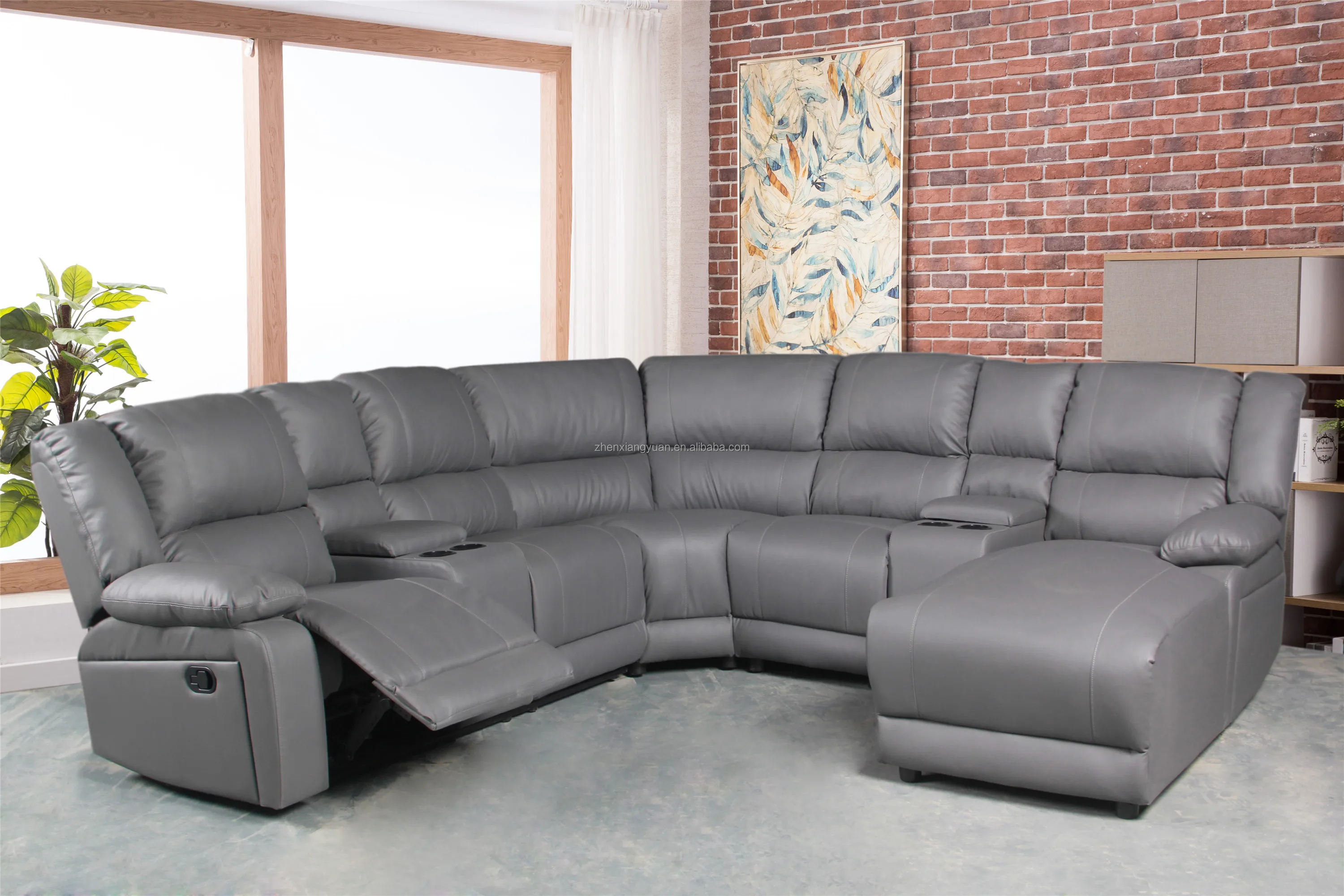 Living room furniture grey air leather recliner sectional sofa couch with chaise