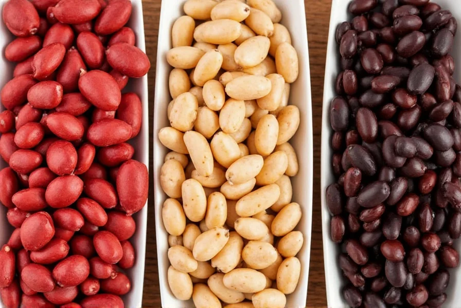 Close-up view of kidney beans, pinto beans, and black beans in separate bowls showing their distinct colors and shapes for understanding what beans are used in chili recipes