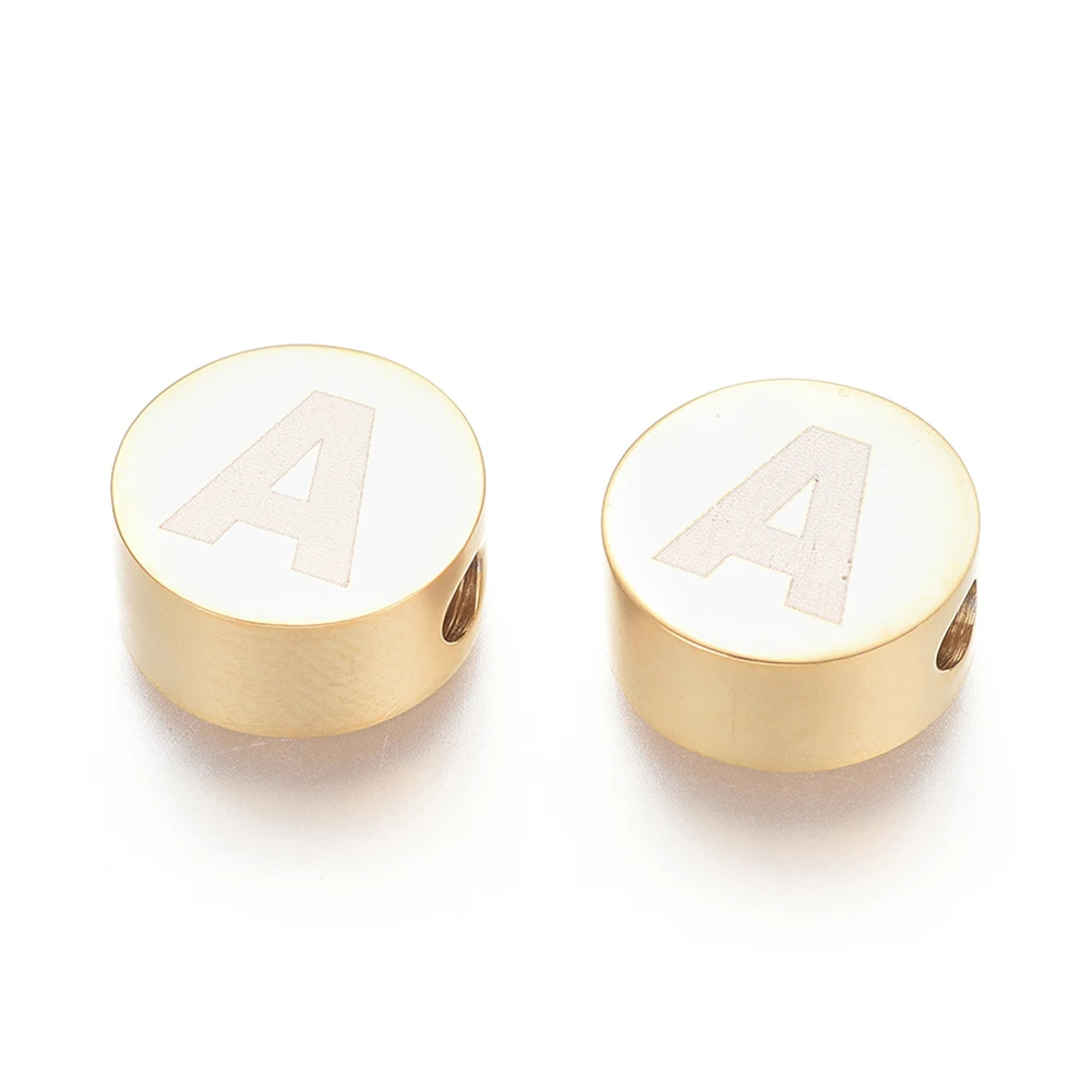 

Pandahall Flat Round with Alphabet Letter a Beads 304 Stainless Steel Gold 10 Pcs