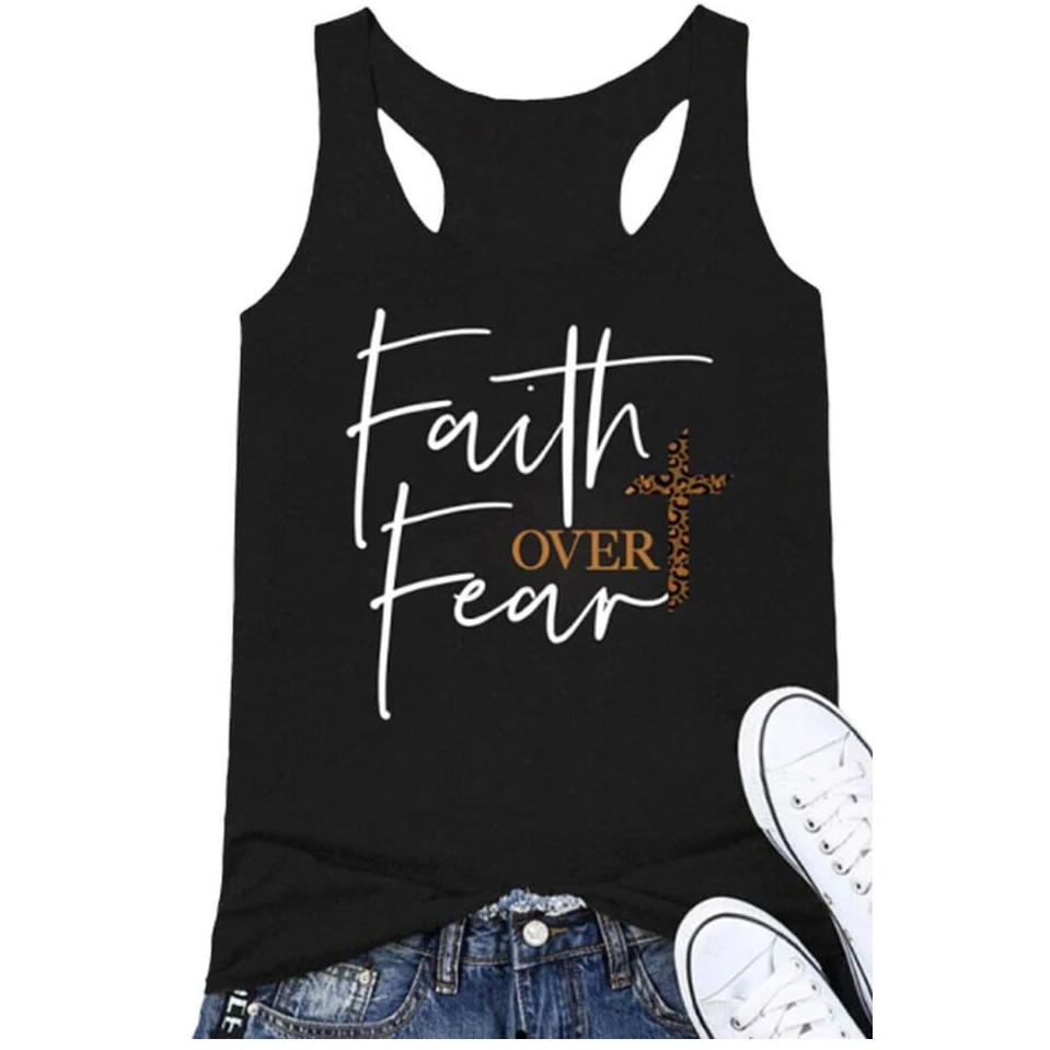 

LC2521014 Tank Tops Leopard Printed Cross Faith Over Fear Tank