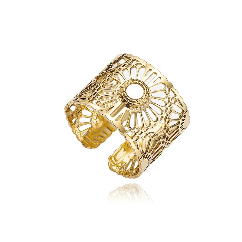 

14K Gold Plated Stainless Steel Round Shell Hollow Flower Shape Open Rings For Women