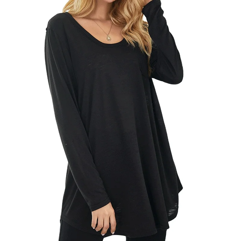 

2020 autumn/winter new long-sleeved women's knitted T-shirt short front and long round neck loose version