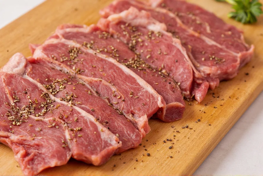 Close-up of toasted cumin seeds and fresh lamb strips arranged on wooden cutting board