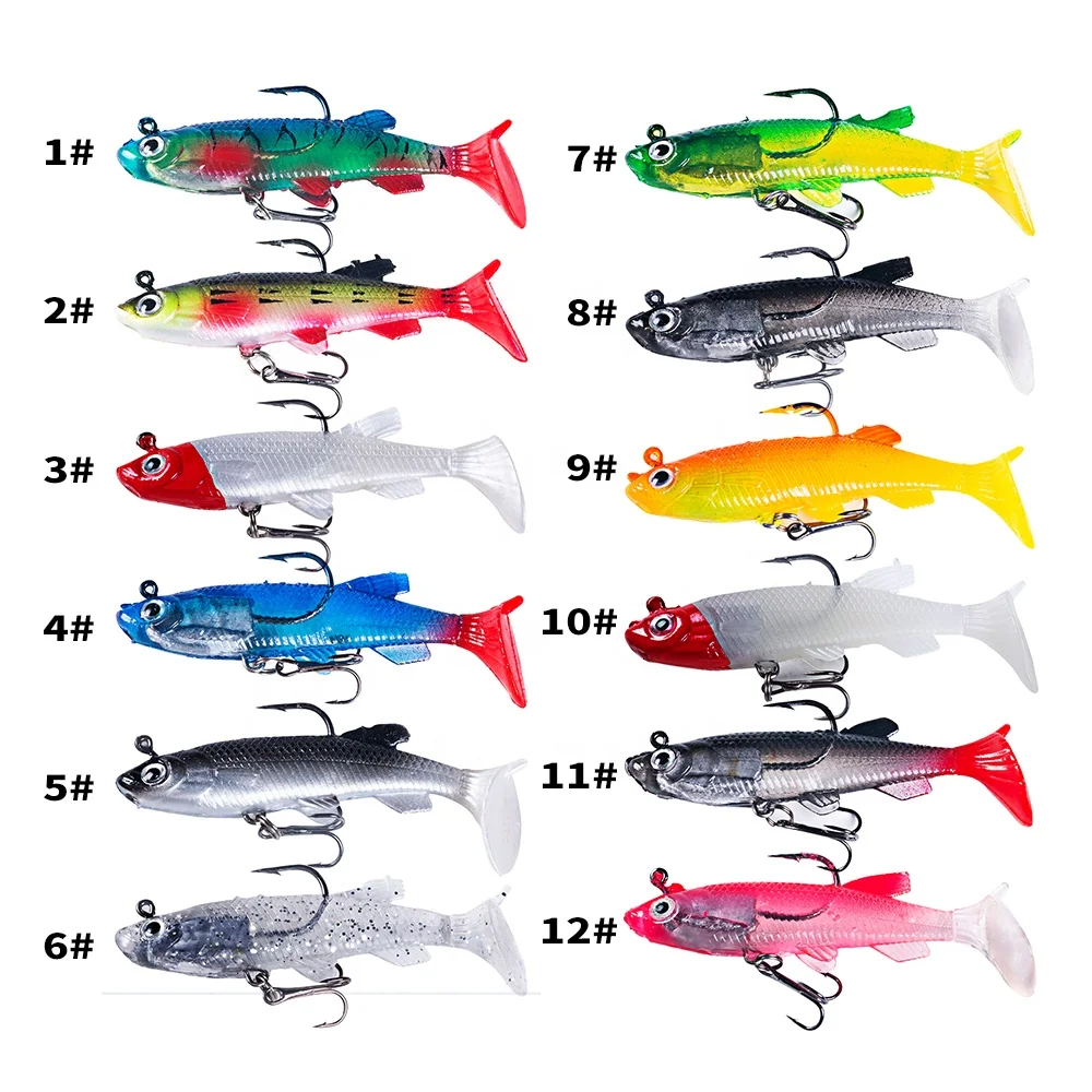 5pcs/set Hengjia 8cm 14g  Sea Fishing Soft Bait Worm Lure 3D Eyes Soft Plastic Lead Head Swimbait Shad Fishing Lure