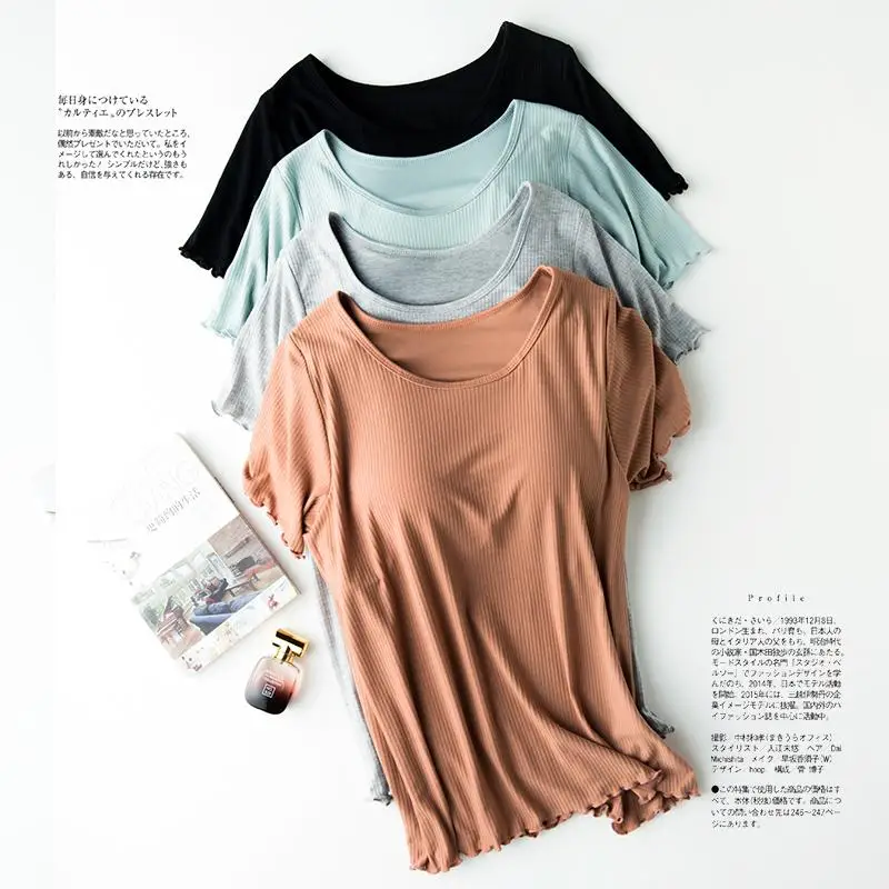 

Japanese-style rib bra-t with chest pad cup cup half-sleeved female summer short-sleeved T-shirt sleepwear free bra with chest p