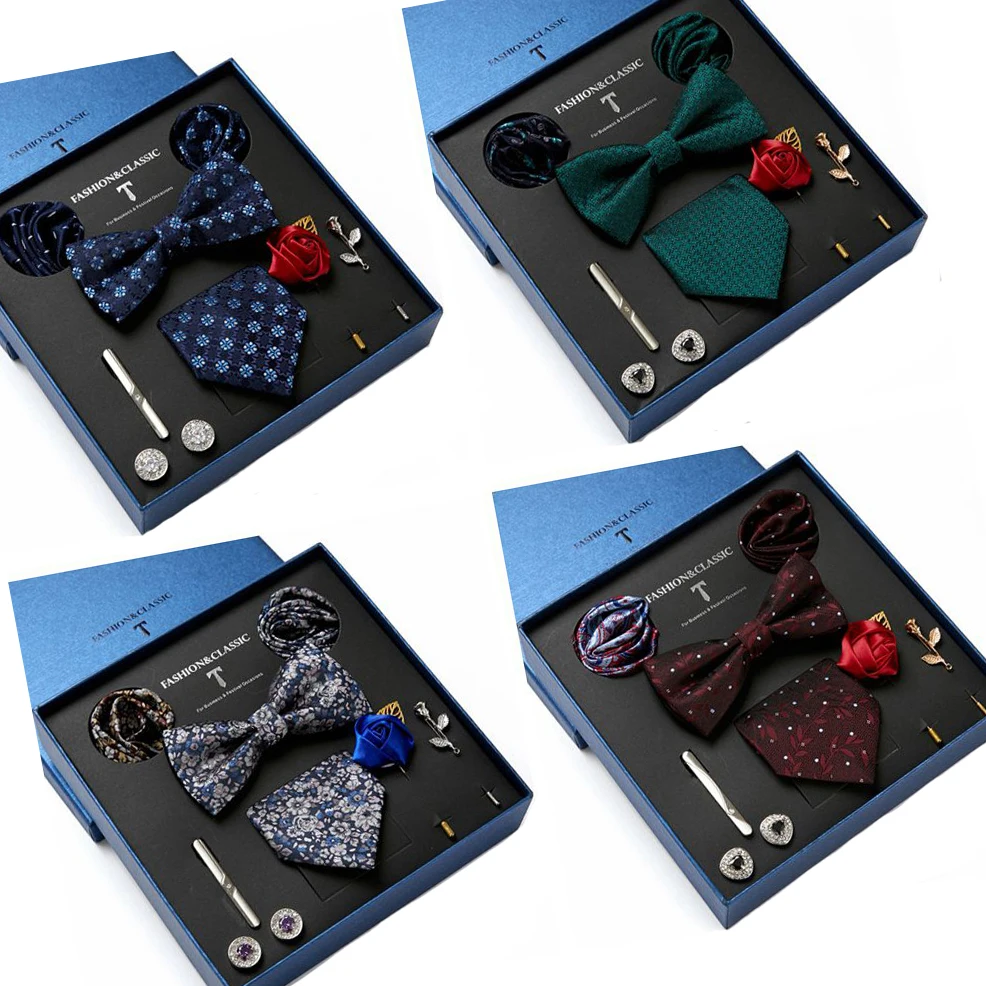 

Men's Tie Set Gift Box With Necktie Bowtie Pocket Square Cufflinks Clip Brooches 8pc Suit For Wedding Party Business Tie For Men