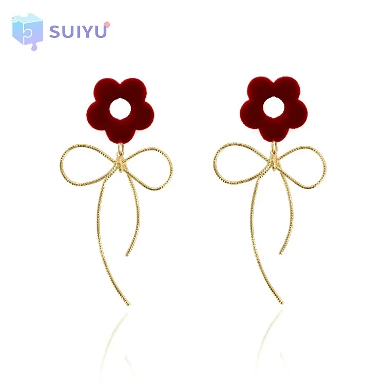 

New Year New Fashion Red Flocking Flower Copper Wire Bending Bow Elegant Statement Earring 2021 Women Earings Trendy, Gold, red