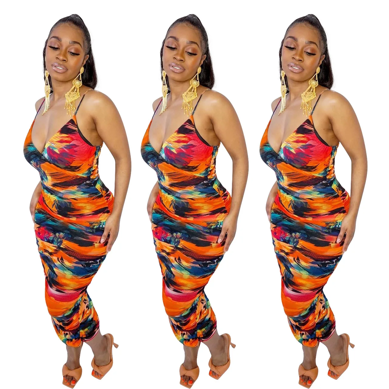 

Tie Dye Ruched Women Midi Dress Strap Bodycon Bandage Slit Sexy Party Dress
