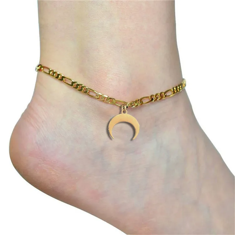 

2020 Foot Jewelry 18k Gold Plated 316L Stainless Steel Figaro Chain Ankle Bracelet Adjustable Crescent Moon Anklet