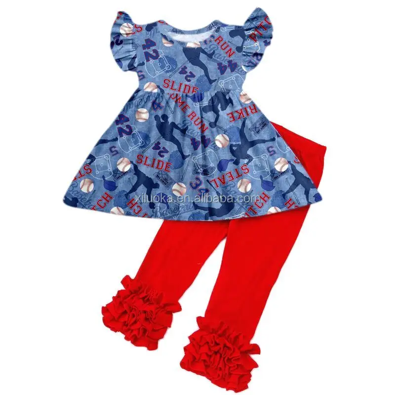 

New Design Baseball Icing Ruffle Leggings Clothing Set Boutique Baby Girl Summer Outfits