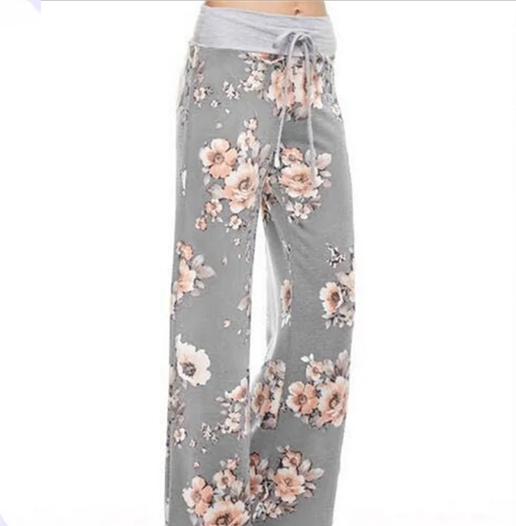 

Amazon hot sale high quality Casual Pajama Pants Floral Print Drawstring Lounge Pants Wide Leg