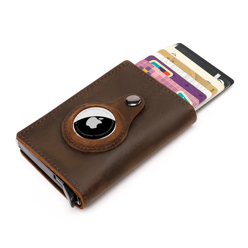 

New Arrival Slim Crazy Horse Leather Credit Card Holder Aluminum Case RFID Blocking Wallet with AirTag Case, Brown,black and coffee