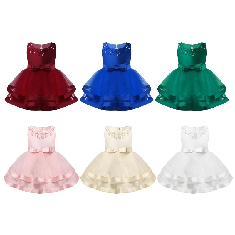 

Infant Baby Girls Sheer Color Sleeveless Beads Faux Pearls Layered Mesh Tutu Dress Princess Wedding Party Dress