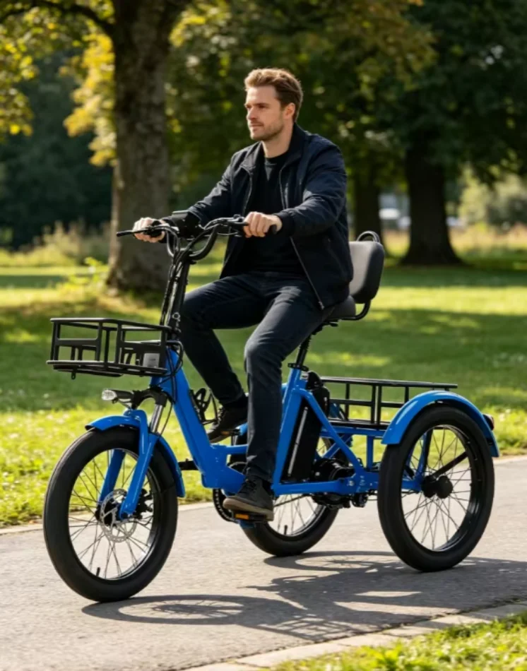 350W Fat Tire Blue Small Electric Tricycle Folding Adults 3 Wheel Cargo Booster Removable Lithium Battery Brushless Motor