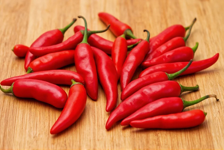 Close-up comparison of various small red chili pepper varieties on wooden cutting board