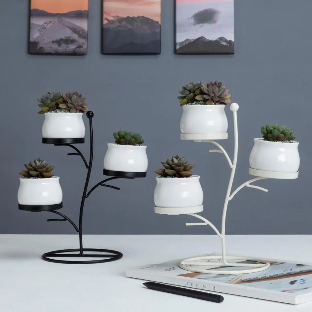 

simple style iron frame Branch shape ceramic flower pot ins Green plants succulent Creative flower pot holder, White