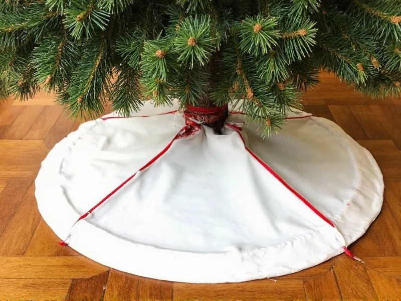 Completed DIY tree collar with ribbon trim hiding tree stand base