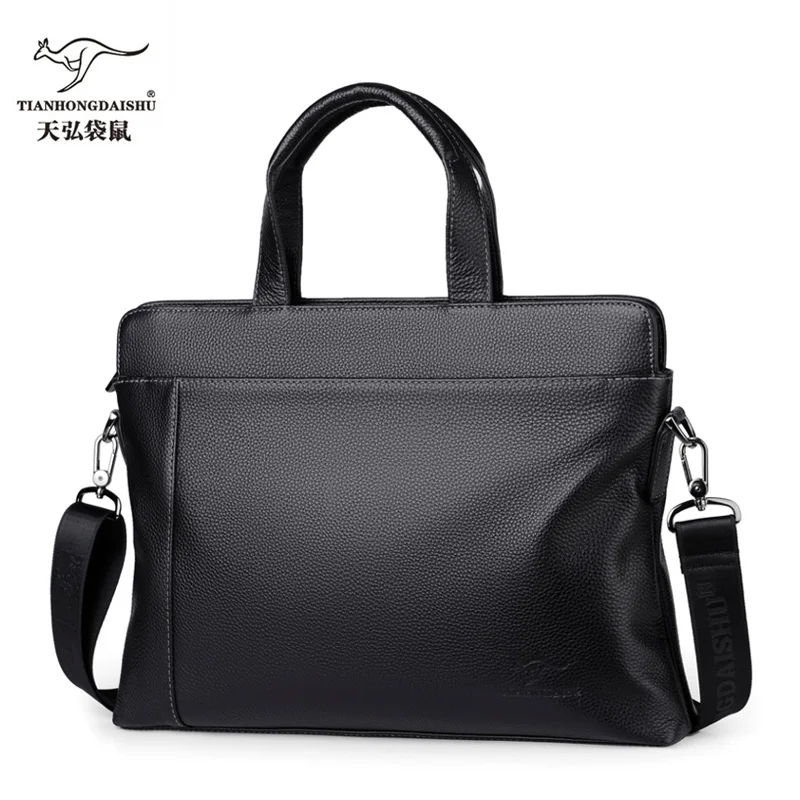 

Men's leather briefcase business office bag office bag laptop bag leather luxury genuine goods, Black