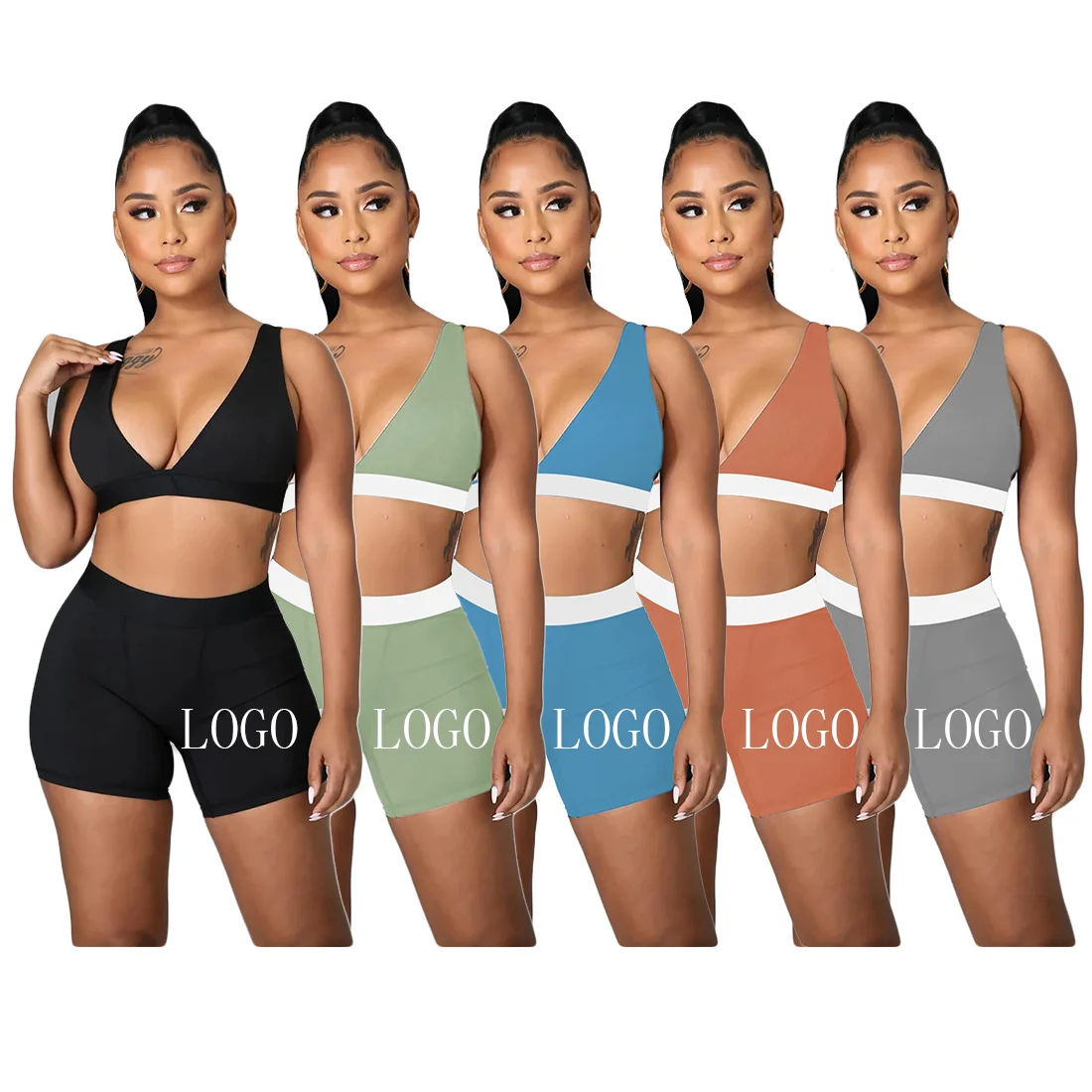 

sexy female clothes sport bra patchwork color top tank outfit night club wear custom logo corset two piece set clothing sets", Blue,black,orange,mint,gray