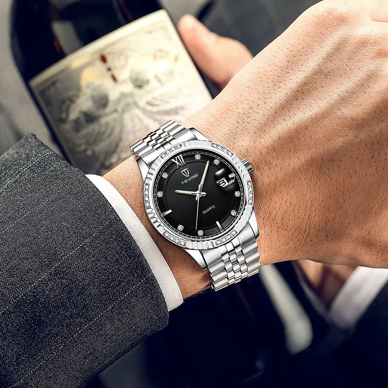 

TEVISE Stainless Steel Luxury Dial Waterproof Quartz OEM Brand Hands Wristwatches Custom Logo Wrist Mens Watch, Optional