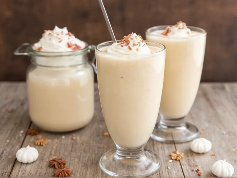 Three glasses of egg nog variations: bourbon, vegan, and kid-friendly