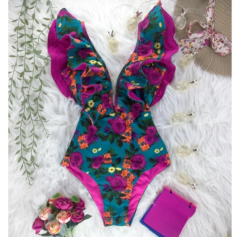 

2021 New Print Swimwear Deep V-neck Ruffle Swimsuit Push Up One Piece Beach Wear Backless Monokini Swimsuit, As picture shows