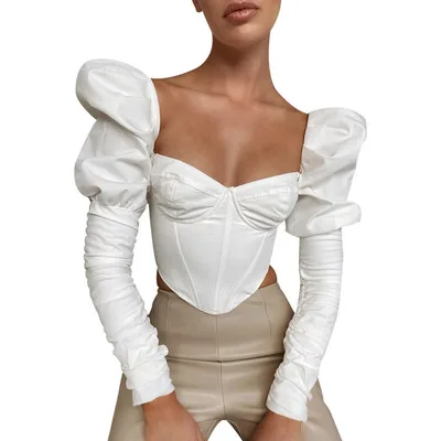 

2021 Female Wears Fashion Ladies Solid Stacked Sleeve Low-Cut Corset Top