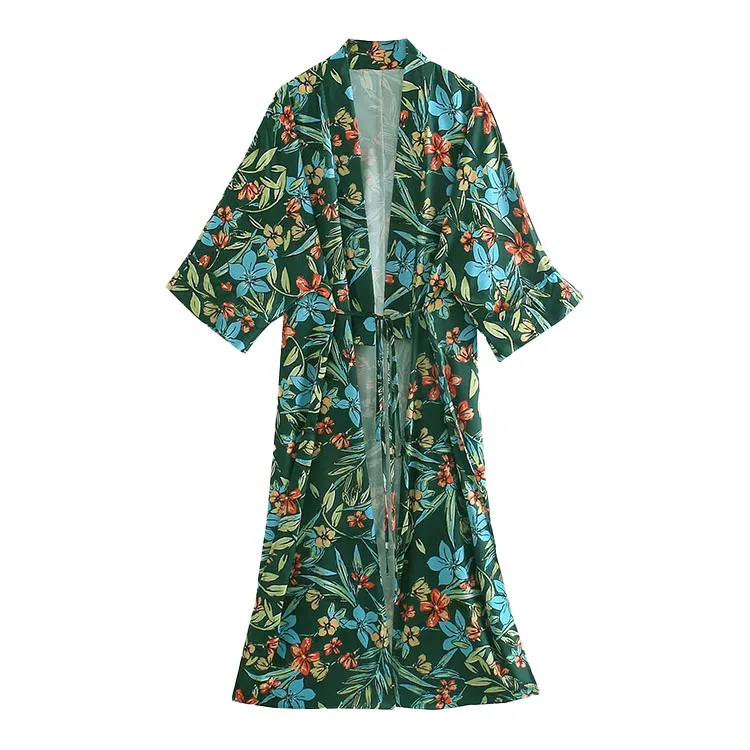 

BMURHMZA2021 summer new women's fashion versatile V-neck lace up bat sleeve loose floral women's coat, Green