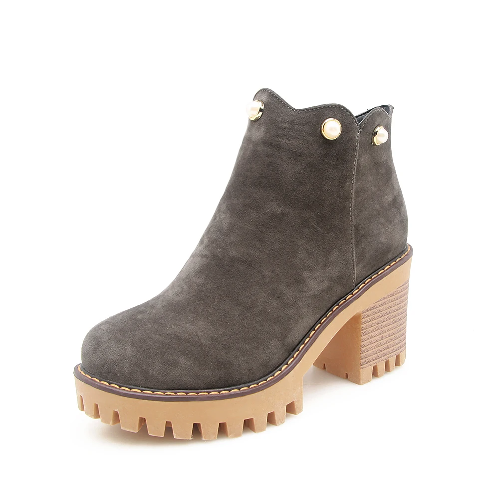 

Winter Autumn Commute Ankle Boots Round Toe Suede Leather Chunky Boots, Black green gray