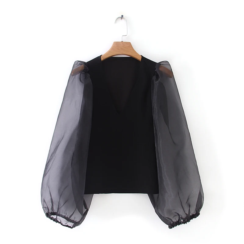 High fashion v neck spliced puff sleeve black color women casual blouse