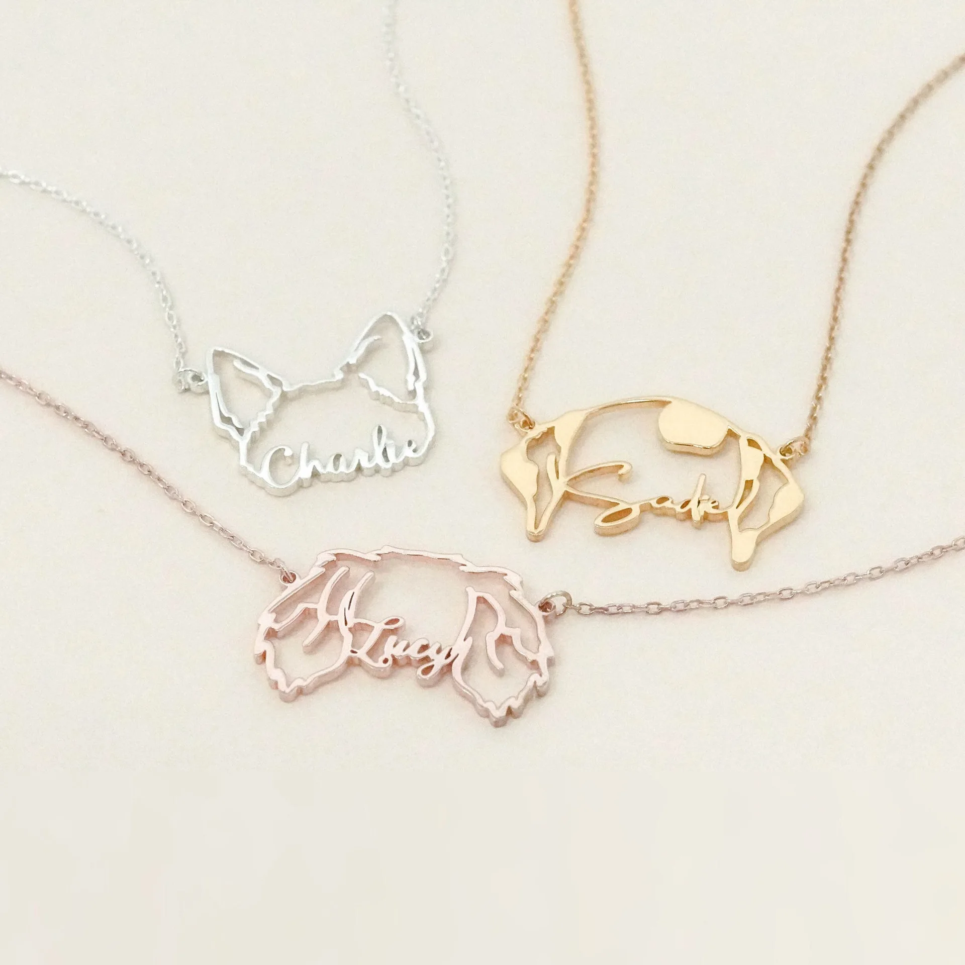Customized Stainless Steel Name Engraved Cat and Dog Ear Pendant Necklace