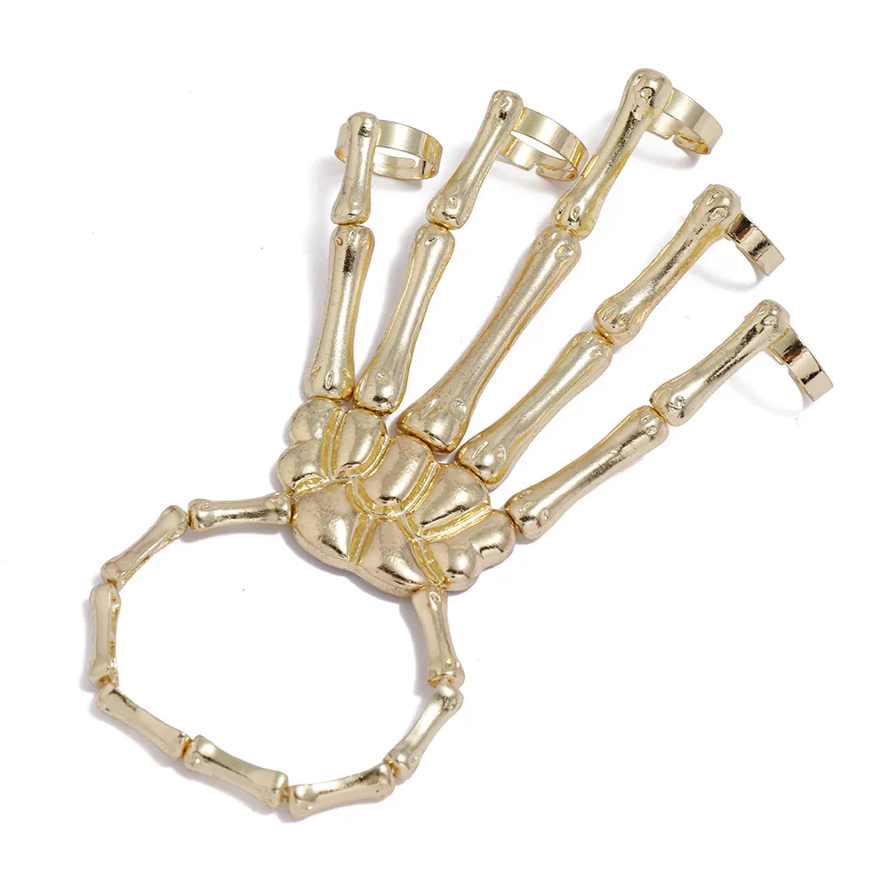 

Factory Halloween Punk Hand Skull Skeleton Alloy Bracelet Gold Silver Plated Elasticity Bracelet For Men Women, Gold,silver,black