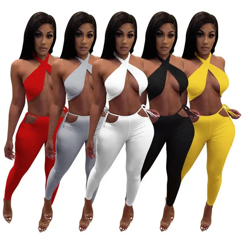 

Jersan Factory Popular Sexy Summer 2 Piece Set Crop Top Bandage Hollow Pants Outfits For Women Matching Set Party Clothes