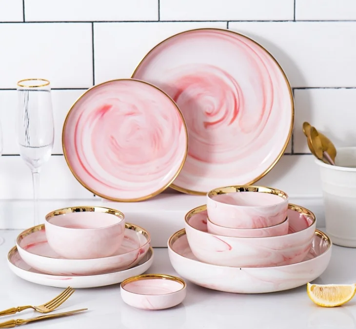 

Gold Rim Pink Marble Ceramic Plates Dinnerware Round Porcelain Bowl Dishes for Restaurant Hotel, Pink and grey