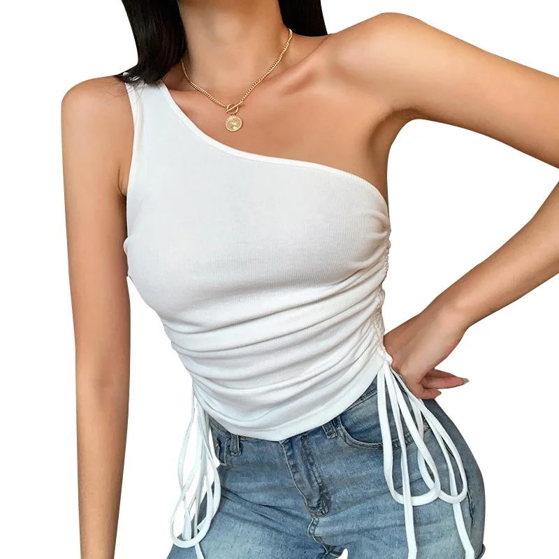 

2021 The new summer Pure color cultivate one' morality Top female Sexy one shoulder backless Side drawstring vest