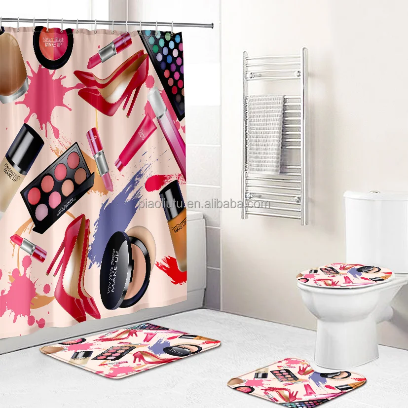 

Drop ship Women's cosmetic box shower curtain Non-slip Rugs Toilet Lid Cover And Bath Mat Waterproof Bathroom, Custom-made