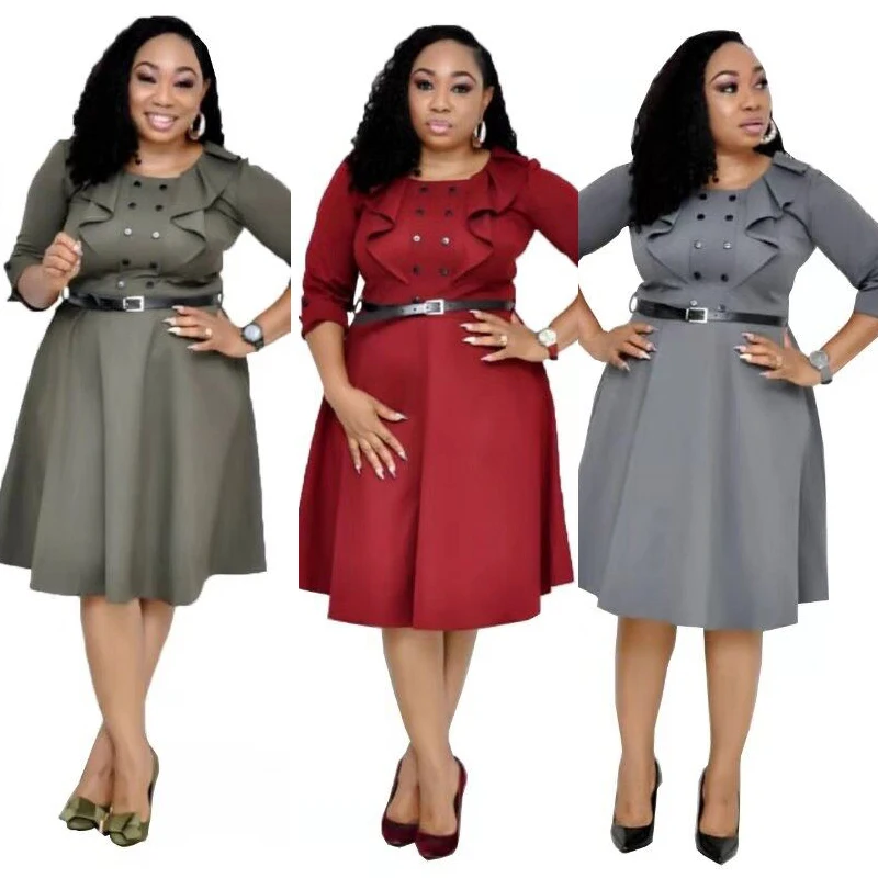 

African popular wave stitching double row button decoration o neck office plus-size casual dresses with belt FM-AM362, As pictures