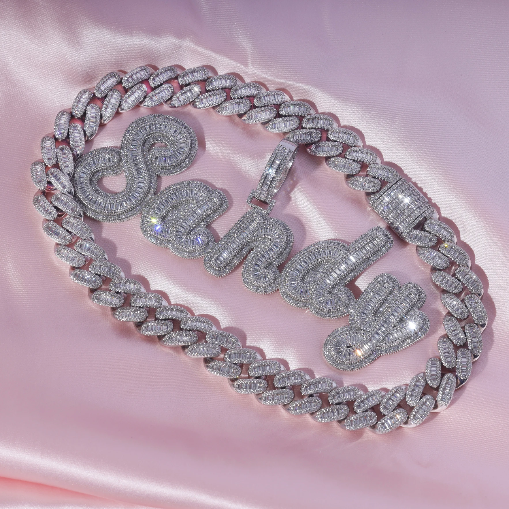 Double Layer Cursive Font Name Jewelry Personalized Shiny Baguette Custom Name Necklace 18K Gold Plated 5A CZ Hip Hop Jewelry