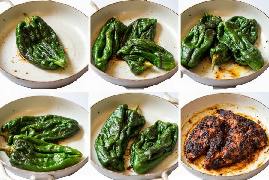 Step-by-step process of roasting poblano peppers over open flame, showing proper blistering and char pattern